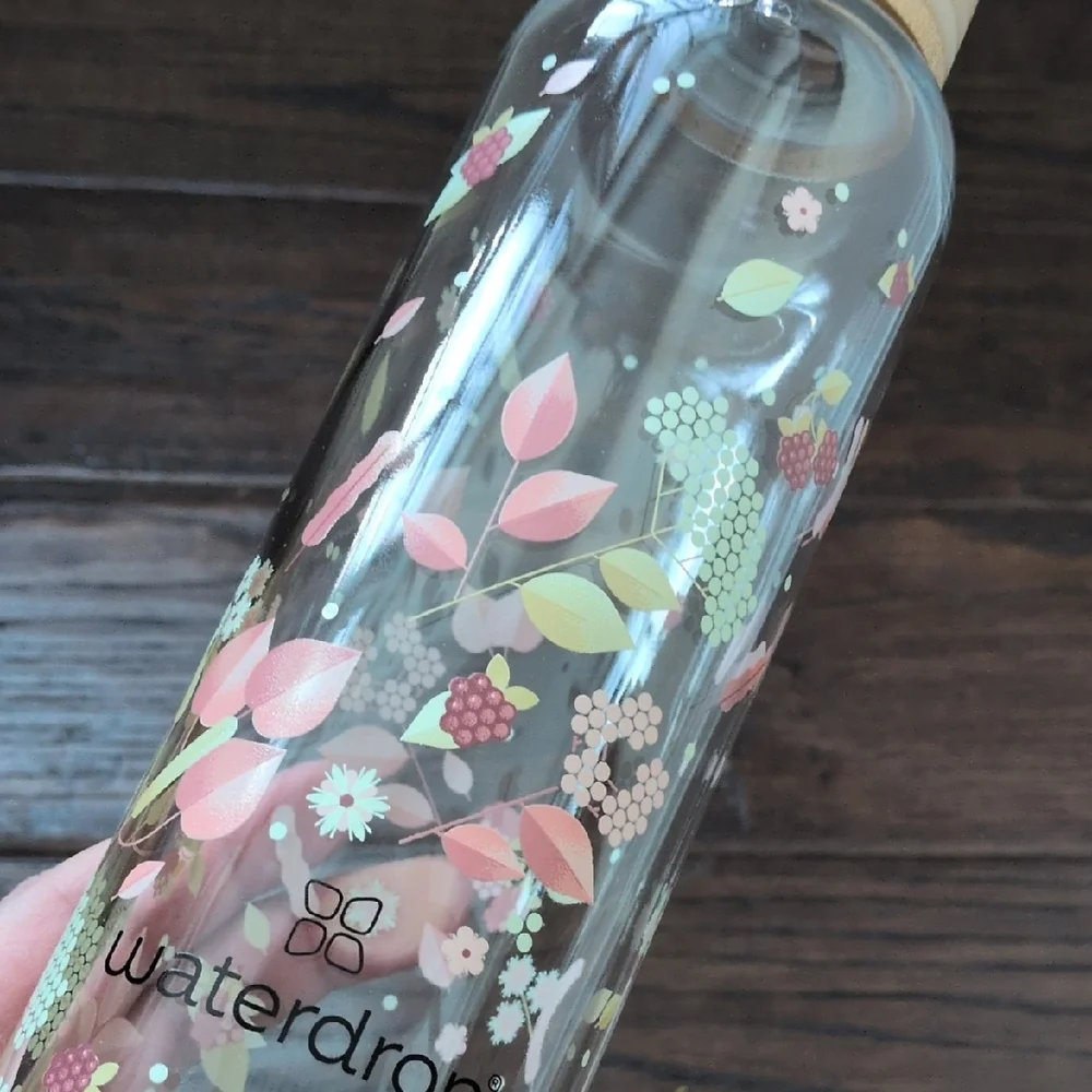 WATERDROP I NWT 20 oz Pink Floral FLAIR Edition Glass Water Bottle with Sleeve - Picture 16 of 16